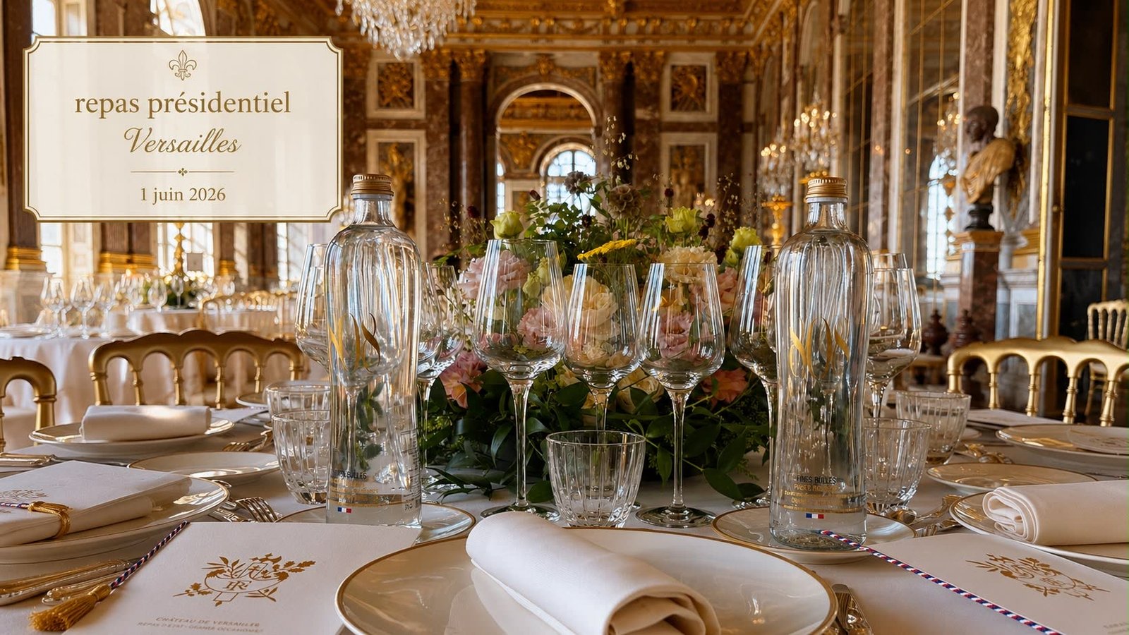 Two bottles of 808 artesian water on a state dinner table at the Château de Versailles, among crystal glassware and presidential china — presidential dinner, 1 June 2026